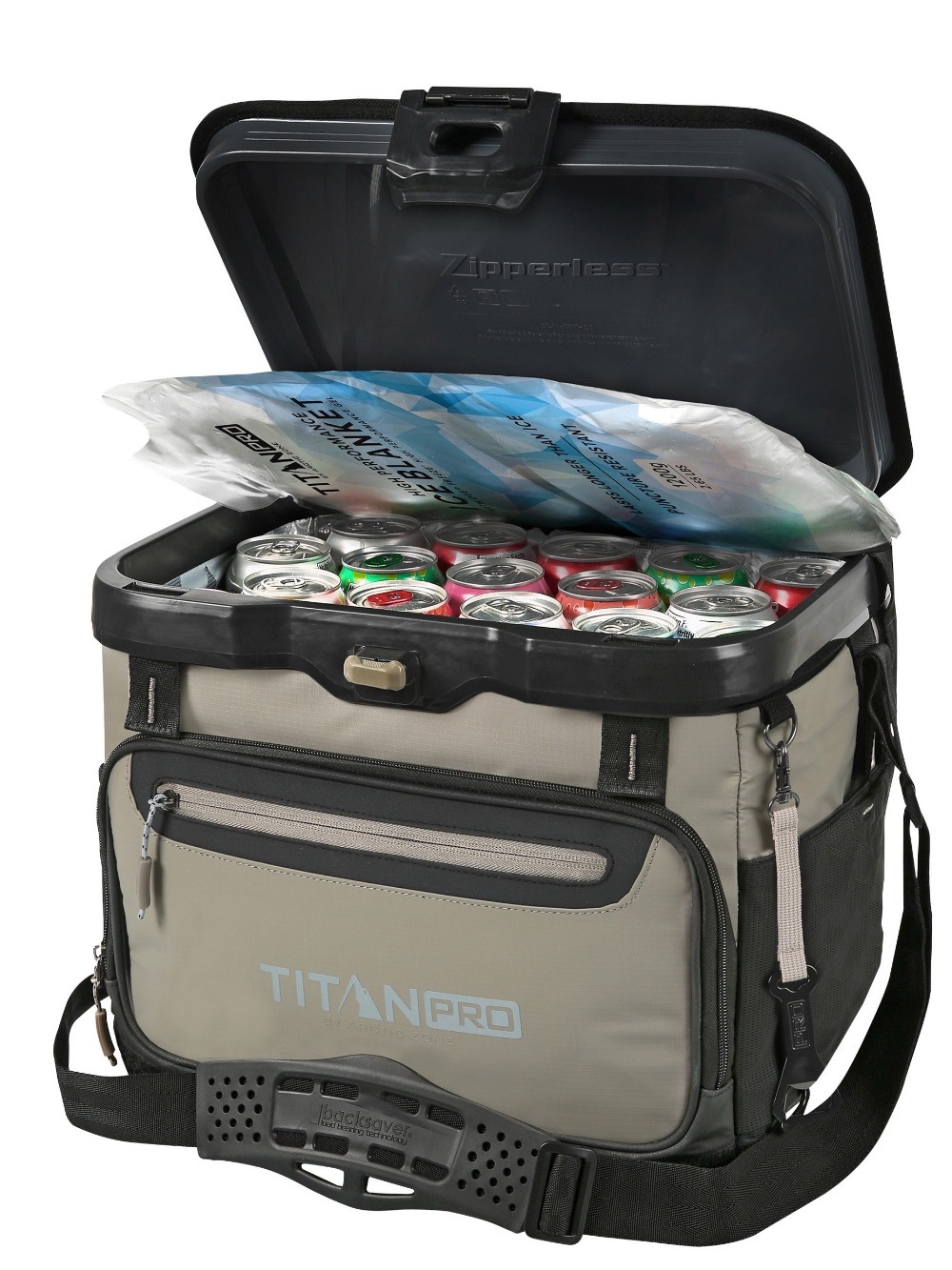 Titan Pro Cooler 40 Can Iceless Zipperless in Taupe Gray and Black